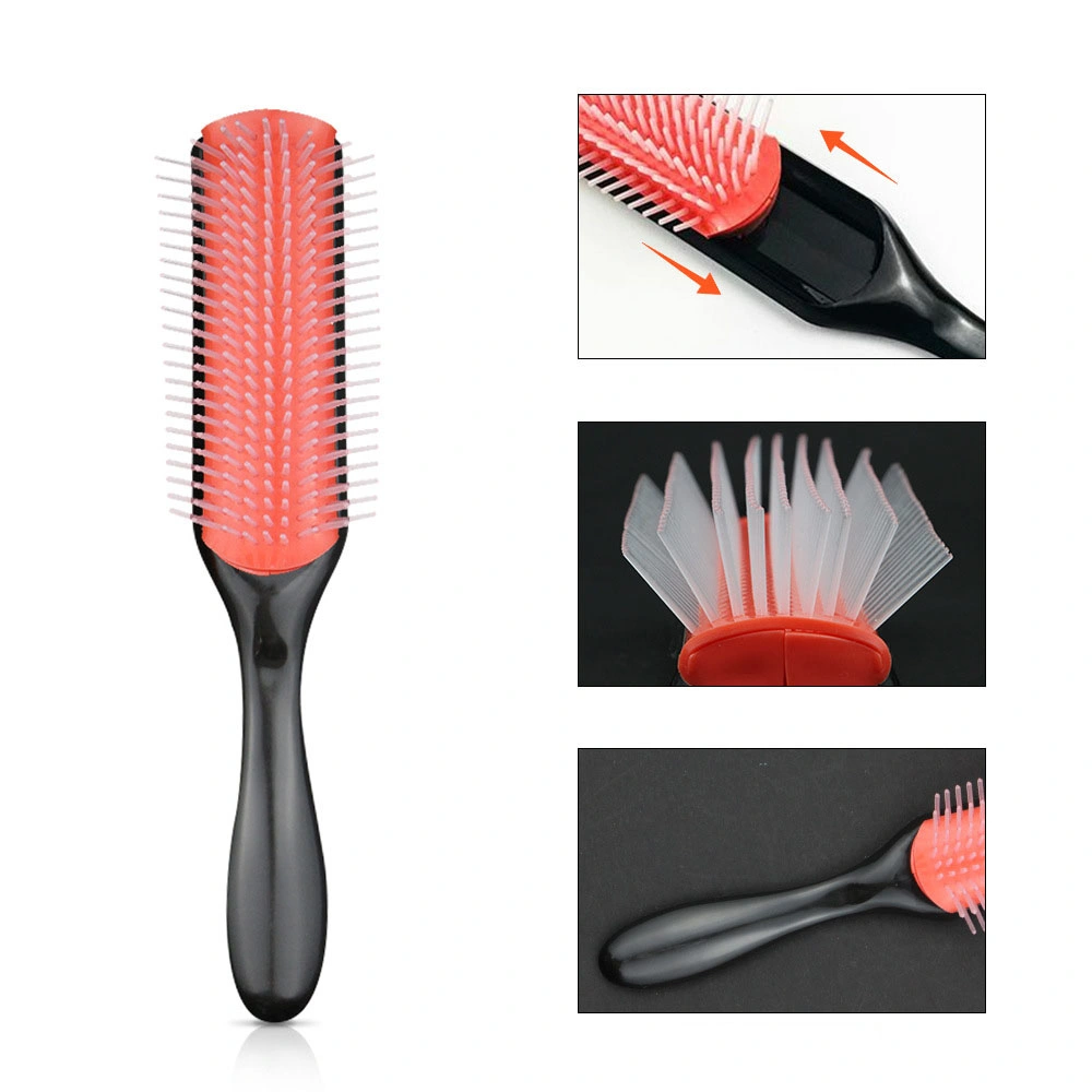 Customized Logo Fashion 9 Rows Plastic Nylon Pins Brush Natural Curly Hair Paddle Styling Hair Brush